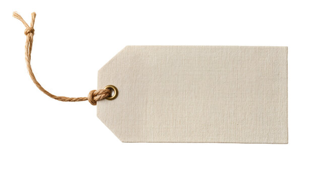 Blank beige cardboard tag with jute string attached, isolated on transparent background