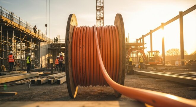 Industrial construction site with cable reel and workers at sunset