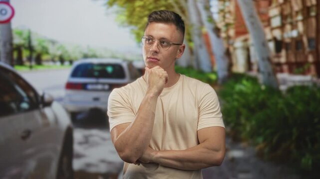 Man with hand to chin and glasses in a thinking pose on a tree lined street beside parked cars and a building facade; thoughtful reflection.