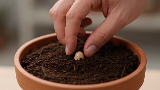 Planting seedling, gardening, hand in soil, terracotta pot, indoor gardening