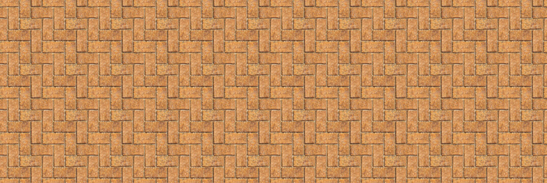 Brick paving stone pattern. Seamless sidewalk texture. Top view of paved brown patio block driveway design.