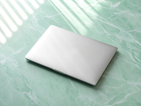 Silver Laptop Flat Lay on Marble Mint Green Surface with Botanical Shadow Overlay