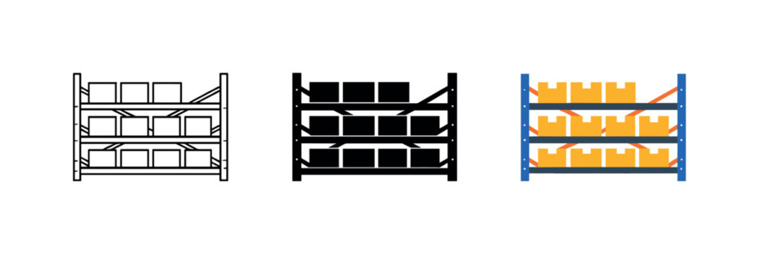 Warehouse Shelves Trio. Inventory control concept shown by identical warehouse shelves aligned horizontally, same rack frames and