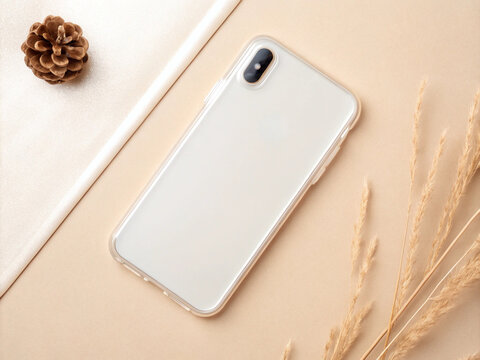 White Smartphone Flat Lay Mockup on Beige Background with Dried Natural Grass
