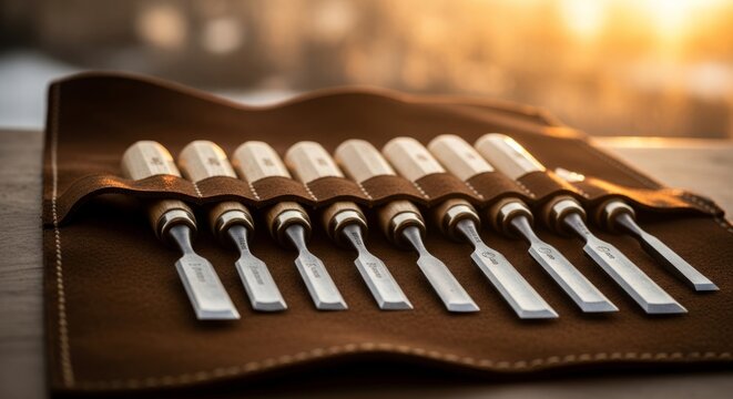 Set of precision woodworking chisels in leather roll on workshop table