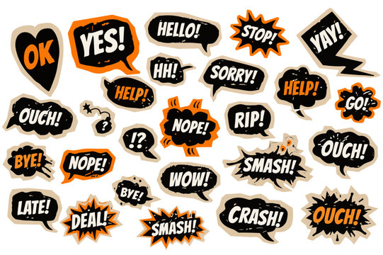 Comic speech bubble collection with 25 expressive text icons. Pop art explosion clouds and dialogue stickers in black and orange. Comic book sound effects and chat balloons for graphic design.