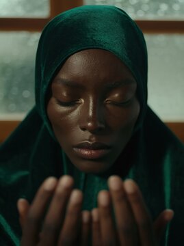 Young Black woman in emerald green hijab praying with eyes closed and hands outstretched