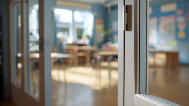 Close medium shot of door seal application on a classroom door foreground crystal clear on the seal and adhesive background featuring blurred classroom elements.