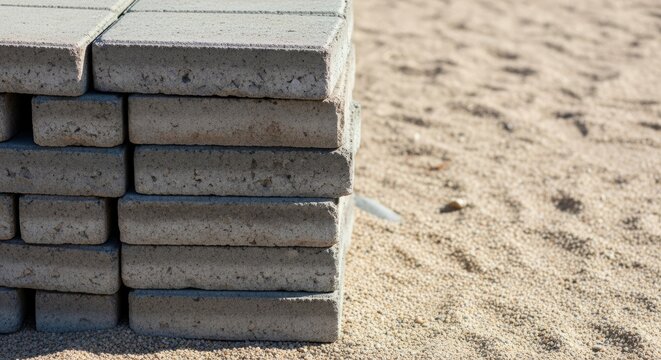 Stack of concrete pavers on sandy construction site