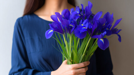 Woman Holding a Bouquet of Blue Flowers