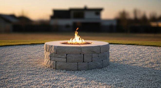 Modern stone fire pit with fire on gravel patio against blurred house