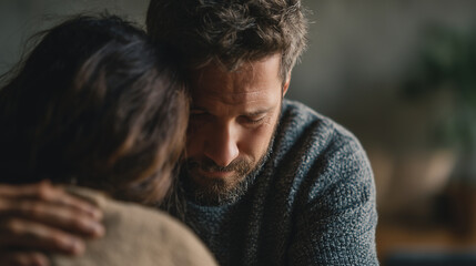 Obraz premium Man comforting partner, emotional support, care and empathy, soft shadows, cinematic lifestyle, defocused background, copy space