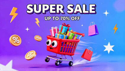3D vector poster with a vibrant purple-to-blue gradient background, featuring a red anthropomorphic shopping cart with expressive eyes, and bold Super Sale 70% text. © Dzianis