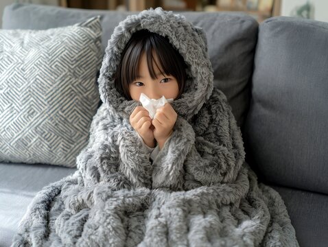 グレーのふわふわしたブランケットに包まりティッシュで鼻をかむ風邪気味の小さな女の子