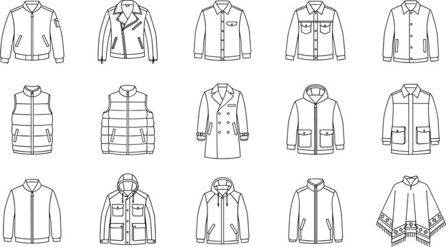Jacket and outerwear icons set featuring coats hoodies vests winter clothing line vector illustration minimal outline fashion collection design pack apparel concept