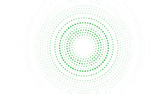 Abstract radial halftone pattern with concentric circles and dots in green on a clean white background, modern graphic design.