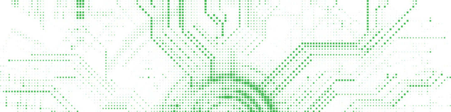 Abstract green digital pattern of squares and dots, symbolizing technology or data streams, set against a clean white backdrop.