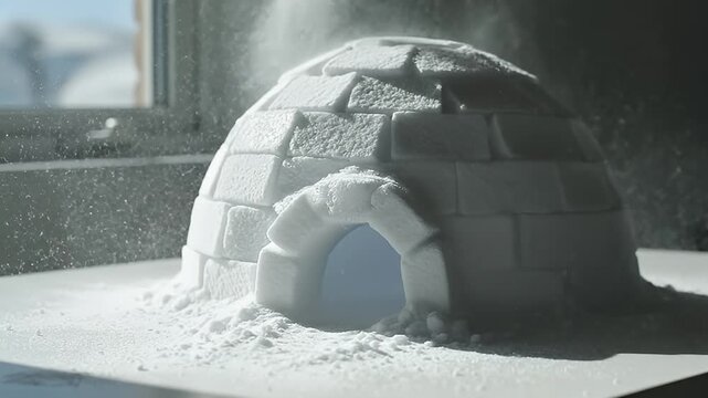 Snow falling on igloo model.