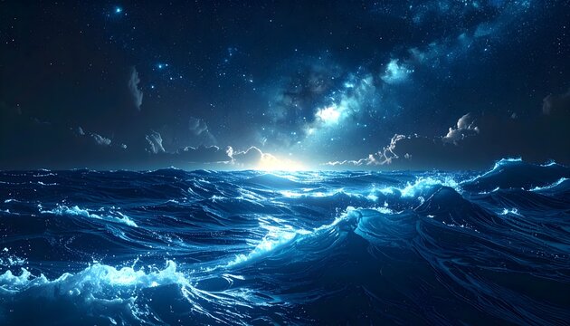 Stormy alien ocean with glowing waves under a starry cosmic sky