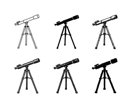 Telescope Art Variants. Classic refractor telescope with slender tube mounted on adjustable tripod legs, designed for sky watching