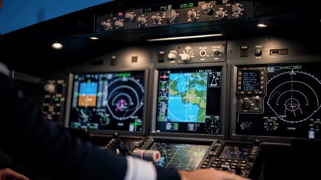 A pilot works the flight controls in a cockpit during a night flight. The instruments display navigation and flight data for safe travel