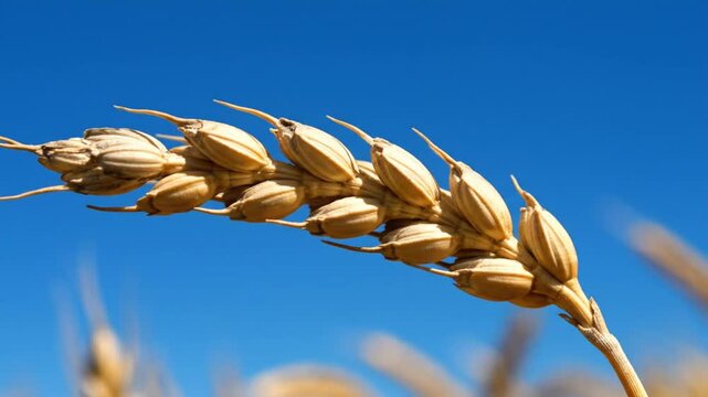 Closeup of golden wheat spike with kernels against clear bright blue summer sky background