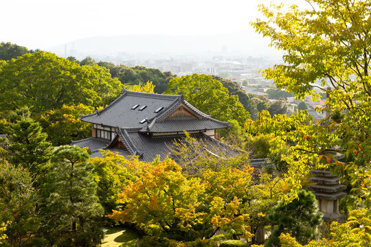 Historic wooden architecture framed by greenery, Kiyomizudera Temple, Kyoto, Japan 
