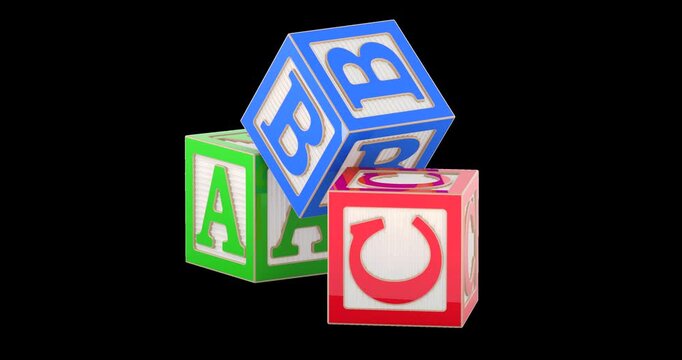 Colorful alphabet blocks ABC, rotation animation seamlessly loopable. 3D rendering isolated on transparent background