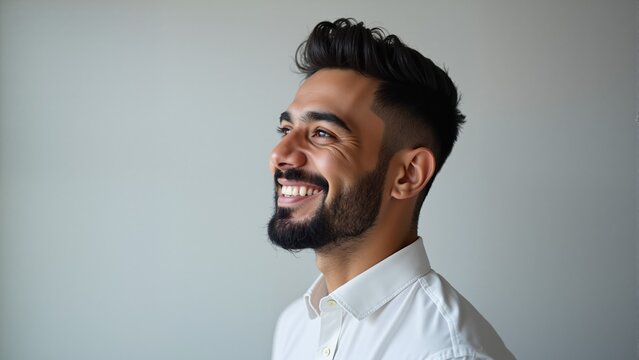 Portrait of handsome smiling young man looking up. Laughing joyful cheerful men studio shot. Isolated on gray background. Arabic style. Muslim businessman.
