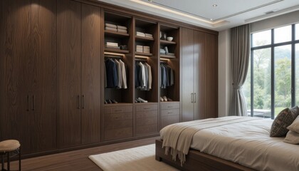 Fototapeta premium Modern Bedroom With Wooden Cabinets and Large Windows in a Bright Setting
