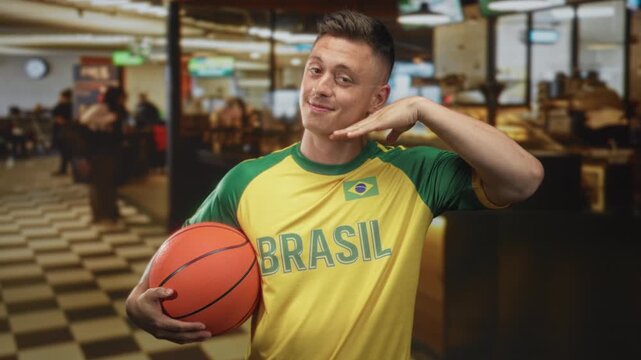 Man holding basketball against hip, hand under chin, smiling and posing in a busy building cafe with checkered floor and counters; confidence team spirit.