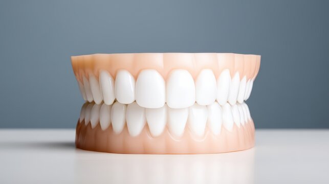 A realistic 3D model of human teeth and gums, showing a full set of upper and lower teeth in a neutral position.