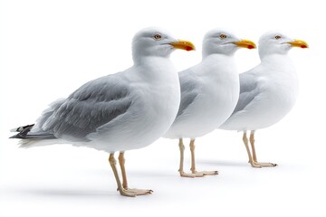 Fototapeta premium Three seagulls standing in a row against a clean white background