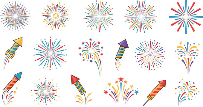 Fireworks and Celebration Vector Set with Colorful Explosions, Rockets, and Stars