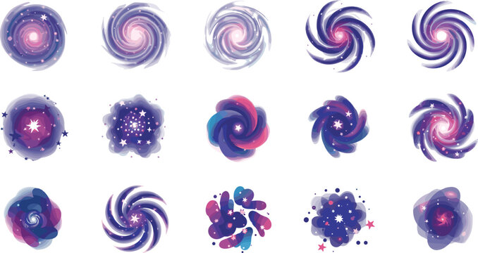 Galactic Swirl and Nebula Icon Set with Cosmic Spirals and Starry Vortex for Space and Astronomy Design
