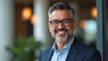 Obraz premium Handsome mature businessman with glasses smiling. Arabic style. Muslim businessman. 
