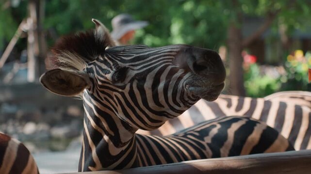 Zebra tilting head in sunlight at fence, expressive profile with neck stretch and alert ears while guide walks behind warm bokeh background, textured mane and bold stripe rhythm convey serene yet