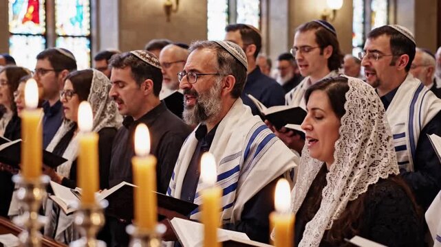Devout Jewish men and women praying and singing with candles in a traditional synagogue setting during a religious service.