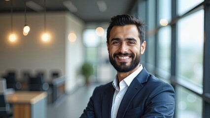 Fototapeta premium Smiling Asian businessman standing in a bright modern office. Arabic style. Muslim businessman. 