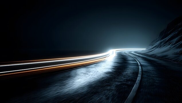 Dark road with light trails ahead.