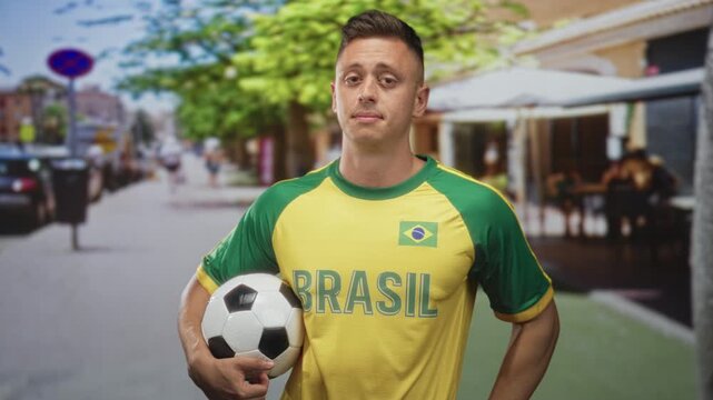 Man holds soccer ball on a street wearing brasil jersey with flag patch visible and slight smile; confidence team support.