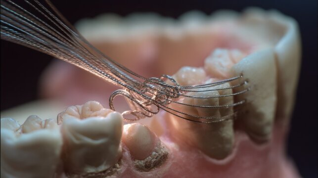 Detail of a nickeltitanium wire being contoured over a plaster dental model highlighting the flexibility and smooth bends under focused lighting conditions.