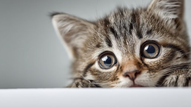 Kitten Face with Watery Sorry Eyes Beside Blank Card Edge in Soft Studio Lighting