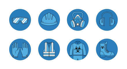 Fototapeta premium Blue Safety Icons Set for Personal Protective Equipment (PPE) against Hazards, on a Light Gray Background.