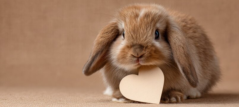 Baby Bunny with Droopy Ears and Apologetic Gaze Holding Blank Paper Heart on Warm Beige Backdrop