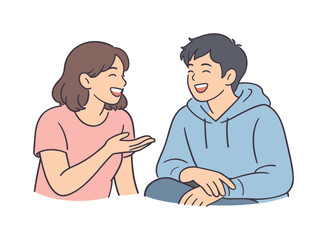 Fototapeta premium Two friends enjoying casual conversation and laughing together, relaxed posture and natural connection without extra props,