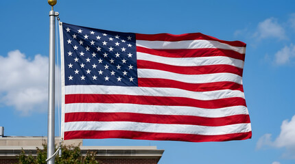 Obraz premium Majestic american flag waving proudly against a bright blue sky 