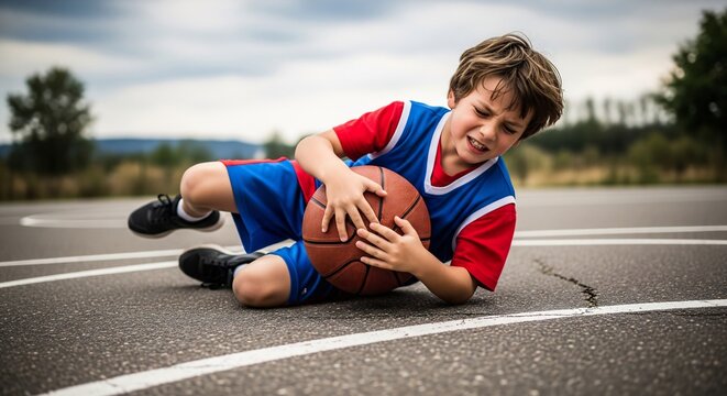 Distraught Young Boy Lying on Basketball Court in Pain After Falling During Play, Holding Ball Tightly
