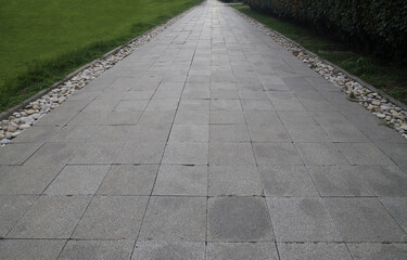 Naklejka premium tile tiled walkway floor flooring with green bush on the side Decorative shrubs and green ornamental plant beside with stone pavement floor, perspective side view with empty copy space Batumi Georgia