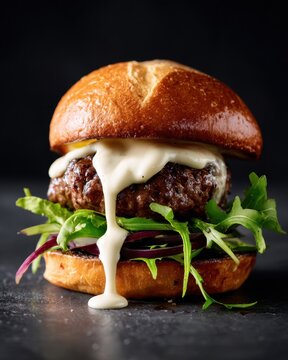 burger with truffle aioli drizzle, elegant drip,